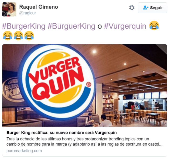 captura de pantalla de twitter con foto de burger king 