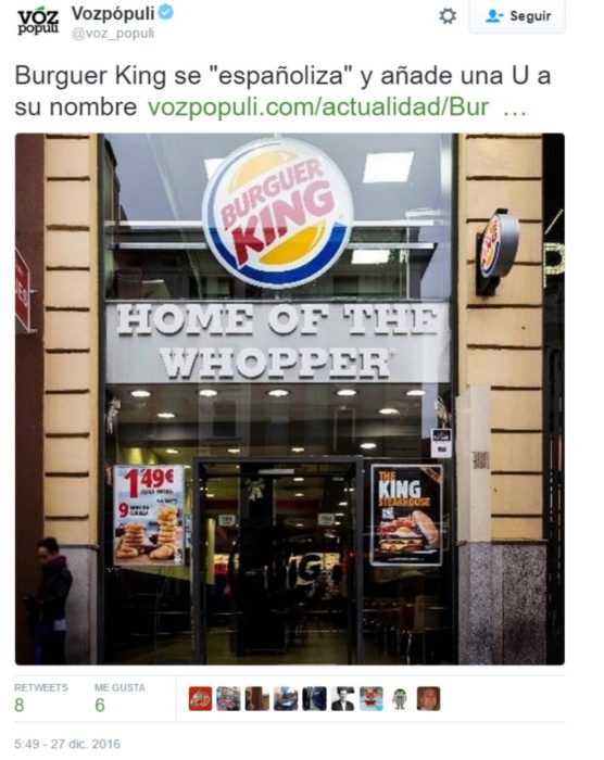 captura de pantalla de twitter con foto de burger king 