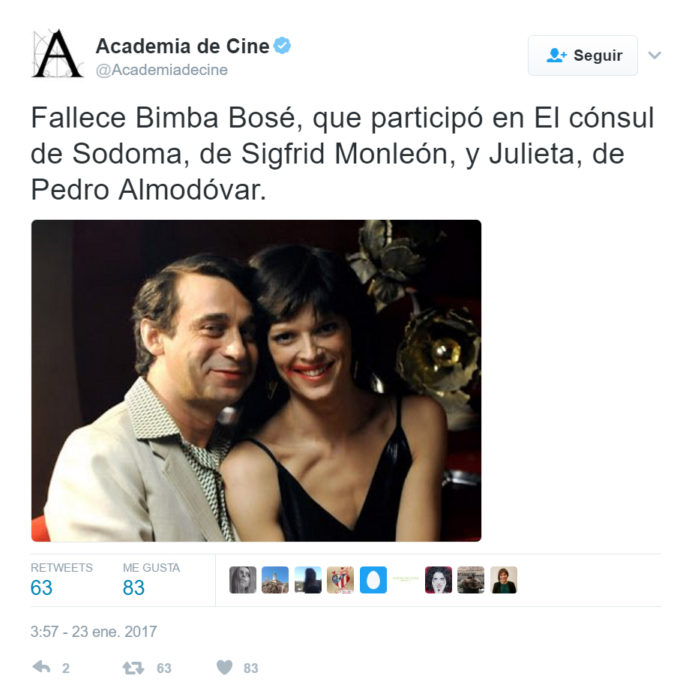 twit de la academia de cine para despedir a bimba bosé 