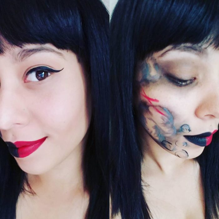 Mujer con un lado de su rostro maquillado de forma trágica 