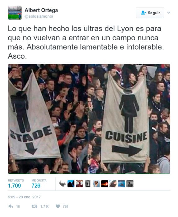 Mensaje en twitter sobre los carteles machistas en un juego de fútbol francés 