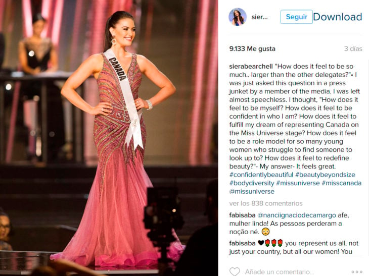 Mensaje de Miss Canadá en Instagram 