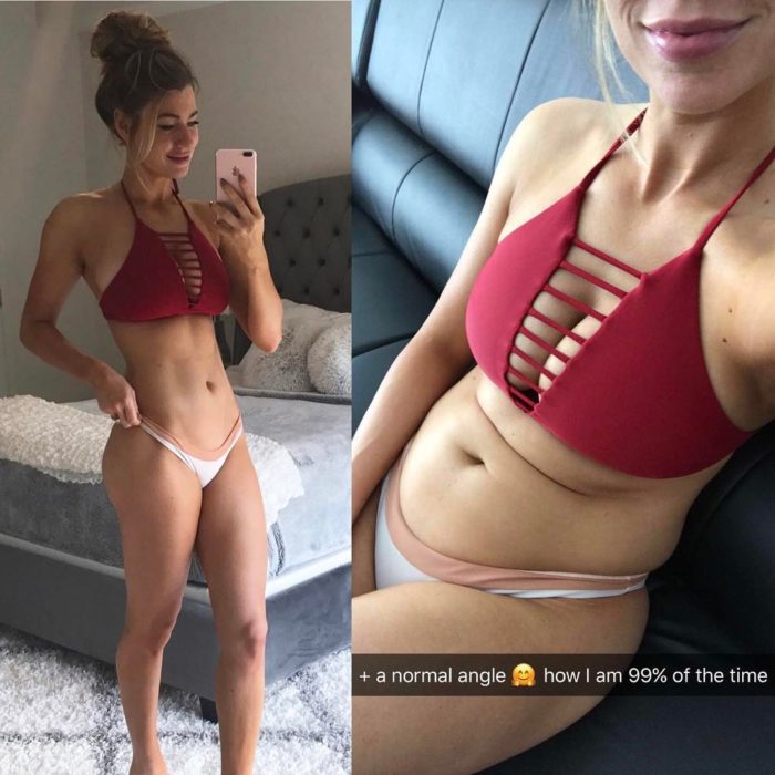 Modelo fitness antes y después de sentarse y mostrar sus lonjitas