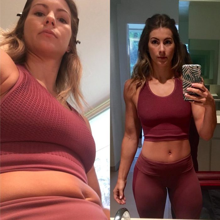 Modelo fitness antes y después de sentarse y mostrar sus lonjitas