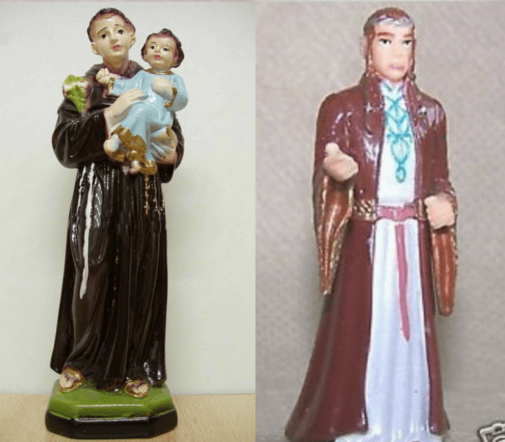 figura de santo catolico y figura señor de los anillos