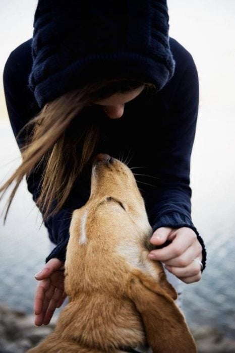 chica con su perrito mirandola
