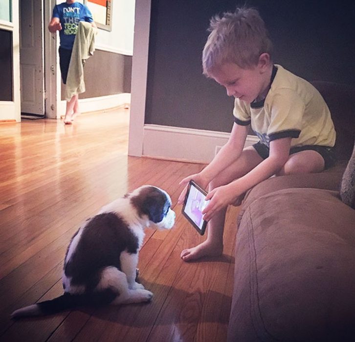 niño con tablet y perro 