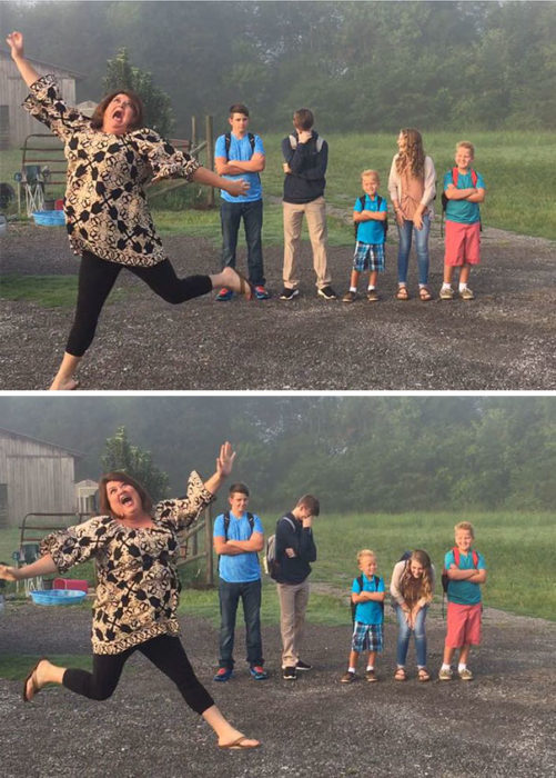 mama feliz del regreso a clases de sus hijos