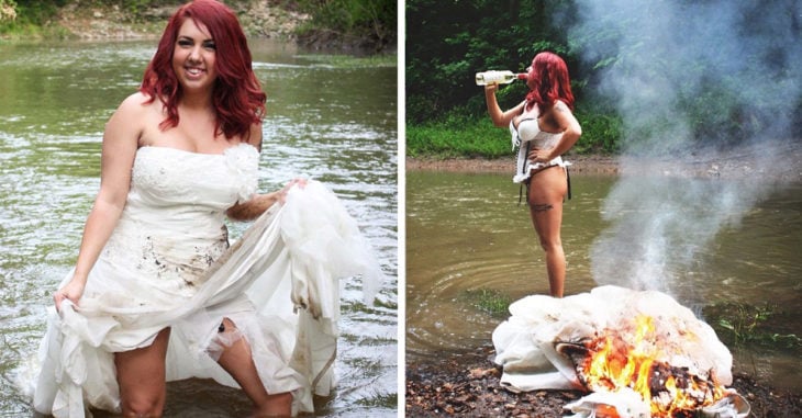 Celebra su divorcio quemando su vestido de novia