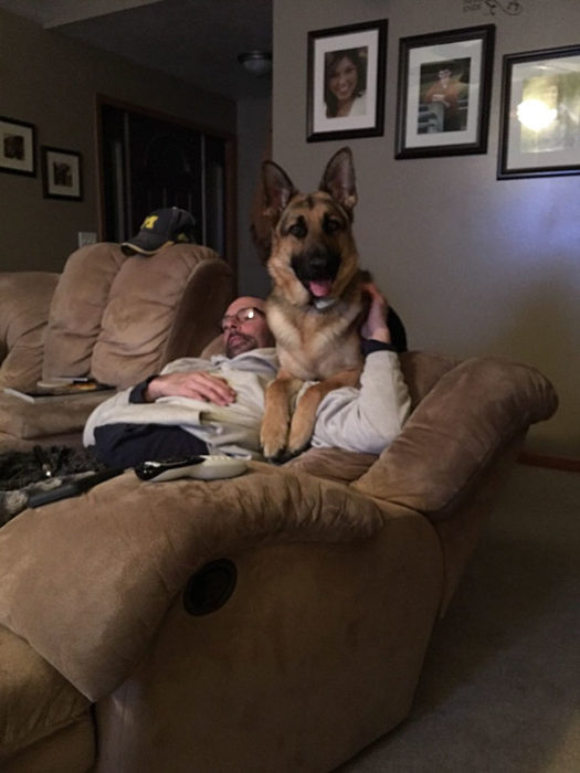 Hombre en el sofá junto a su perro viendo televisión 