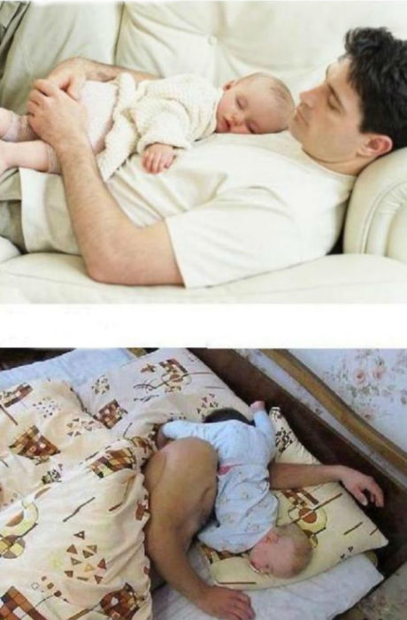 bebe con papá en la cama