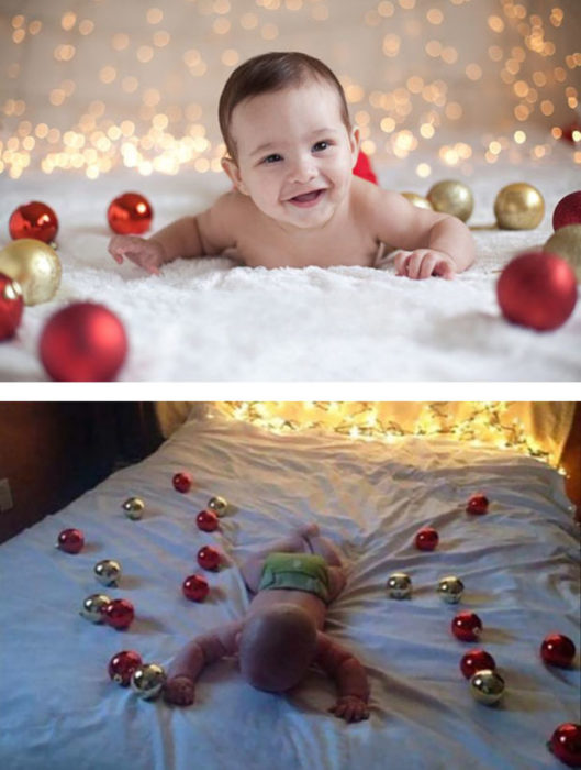 bebe en la cama con esferas y luces