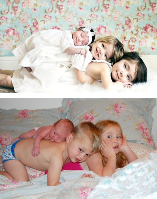 bebes amontonados sobe la cama
