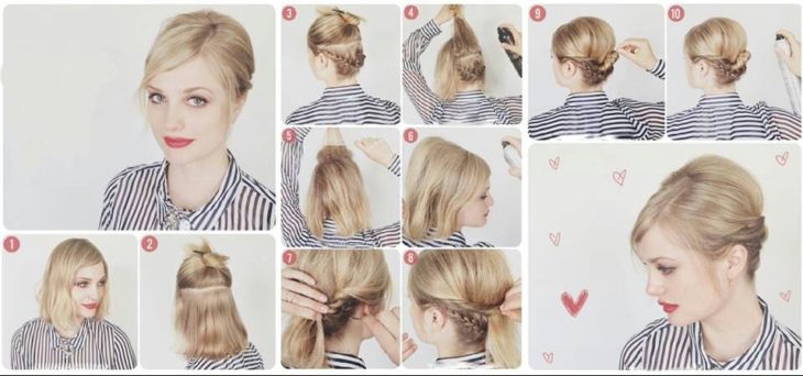 Peinados en chongo con trenzas recogidas atrás para chicas de cabello corto