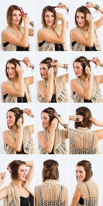 Diadema en trenzas y media cola para cabello corto y liso