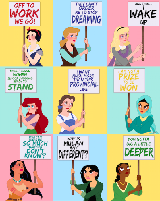 Ilustraciones princesas de Disney defendiendo los derechos de la mujer 