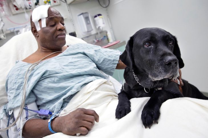 hombre acostado al lado de perro negro