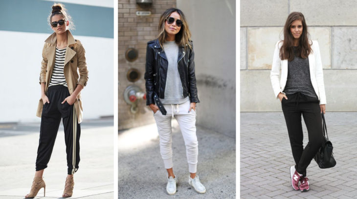 Chicas usando track pants en distintos tonos y outfits