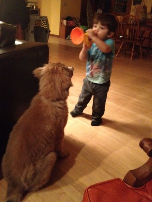 niño y perro cantando 