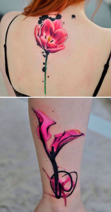Chica con tatuajes en la pantorrilla y la espalda
