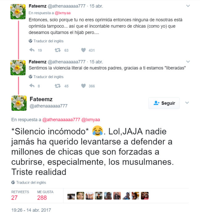 Comentario sobre chica que se quiere quitar el hijab