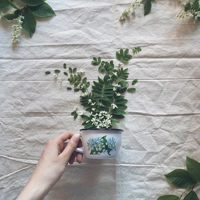 ARTISTA CREA IMÁGENES USANDO TAZAS DE TÉ Y FLORES 