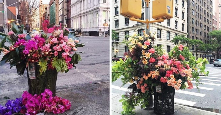 Florista convierte los cestos de basura de Nueva York en increíbles arreglos florales