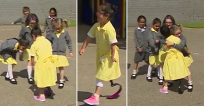 Pequeña recibe prótesis en su pierna y la reacción de sus amigas es totalmente conmovedora