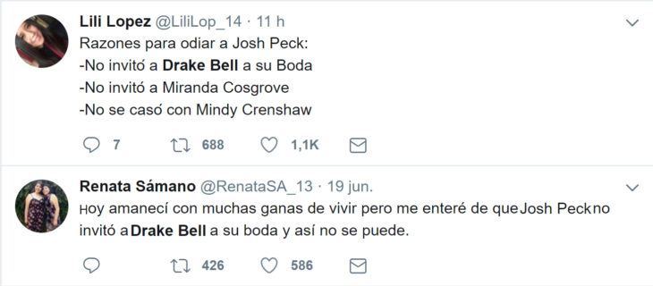 Comentarios en twitter sobre la boda de Josh Peck