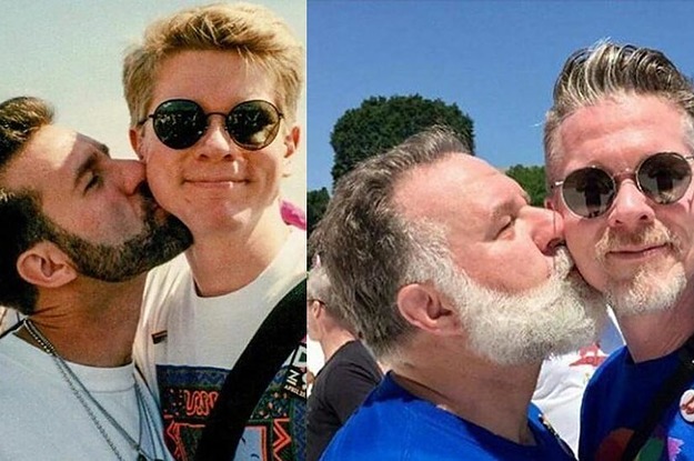 Pareja de omosexuaeles recreando una foto de hace 25 años