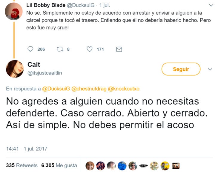 Respuesta en twitter a comentarios de Chico arrestado por acosar a una chica 