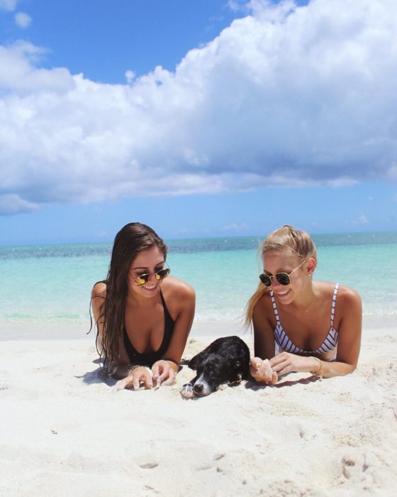 Chicas jugando en la playa con un cachorro 