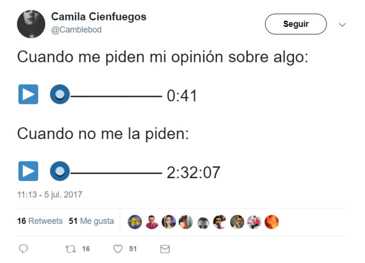 Tweets que relatan lo que es enviar notas de audio 