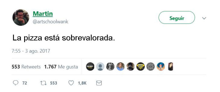 tuit sobre la pizza sobrevalorada