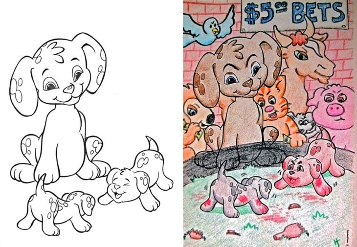 Dibujos coloreados por adultos pelea de cachorritos