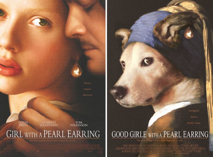 girl with a perl earing póster con perro como protagonista