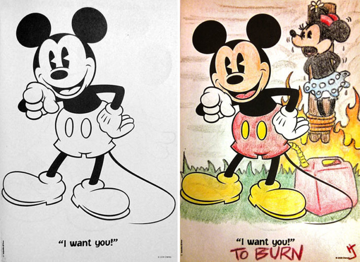 Dibujos coloreados por adultos mickey quemando a minnie