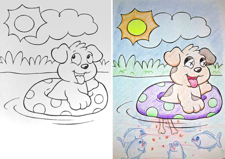 Dibujos coloreados por adultos perrito comido por pirañas