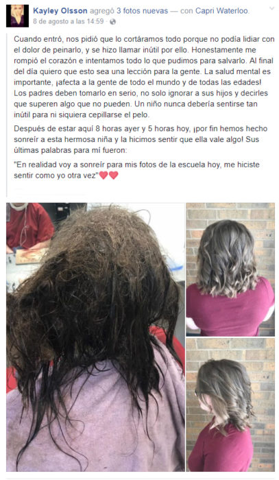 Publicación en facebook acerca del cambio de imagen que se le realizó a una chica con depresión