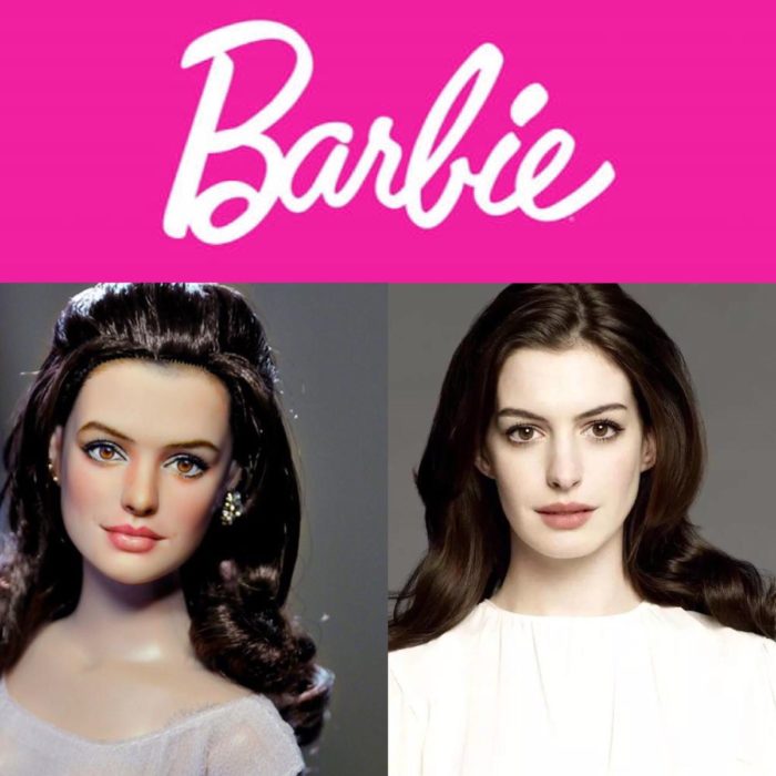 Barbie y mujer blanca cabello negro y muñeca 