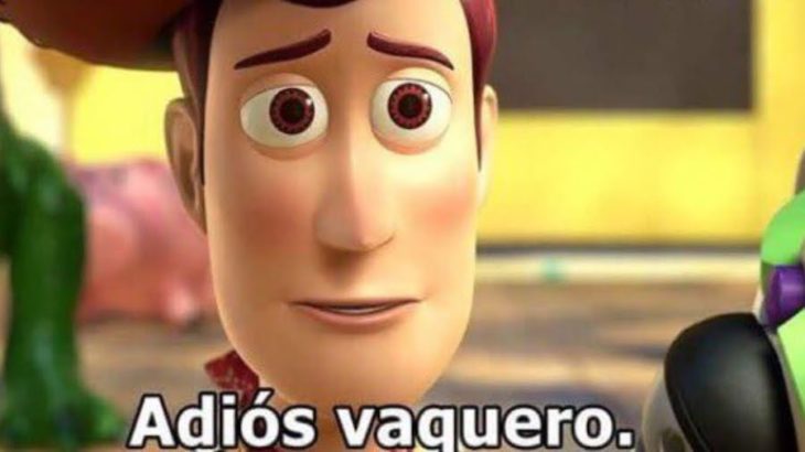 Meme de woody de la película toy story diciendo adiós vaquero 