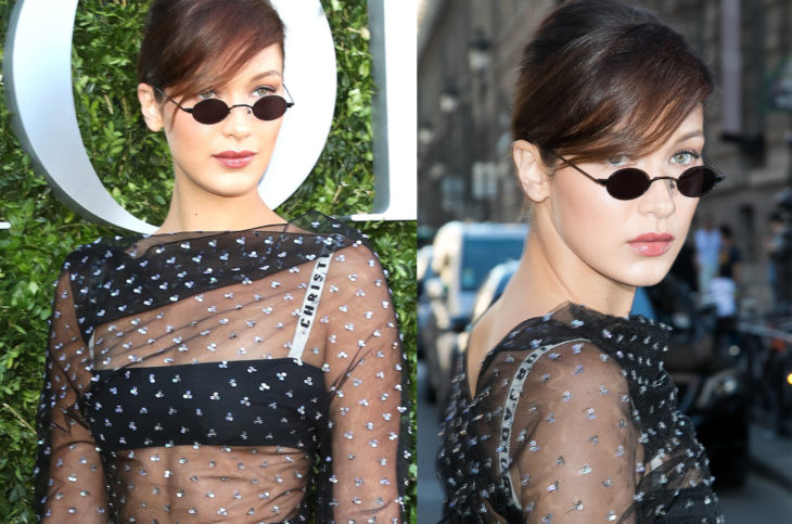 Bella Hadid usando unas tiny gafas durante la semana de la moda en paris