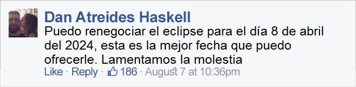 comentario en Facebook sobre el eclipse