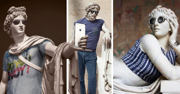 Esculturas clásicas vestidas como hipsters; realmente millennial