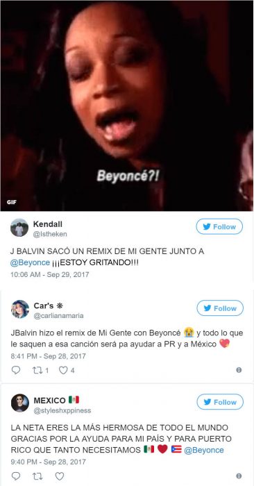 Tuits de emoción canción beyonce mi gente