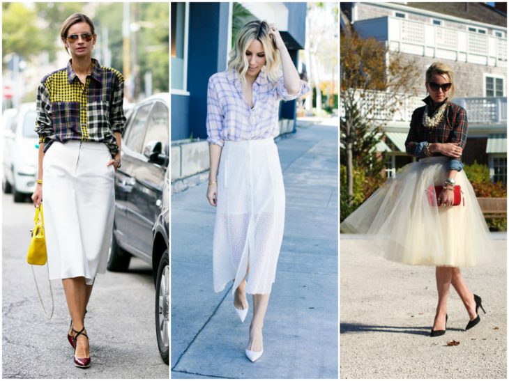 falda blanca y camisa de cuadros