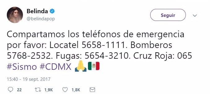 Tuit con numeros de emergencia en México 