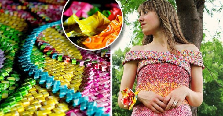 Cosió 10 mil envolturas de dulces para crear un vestido