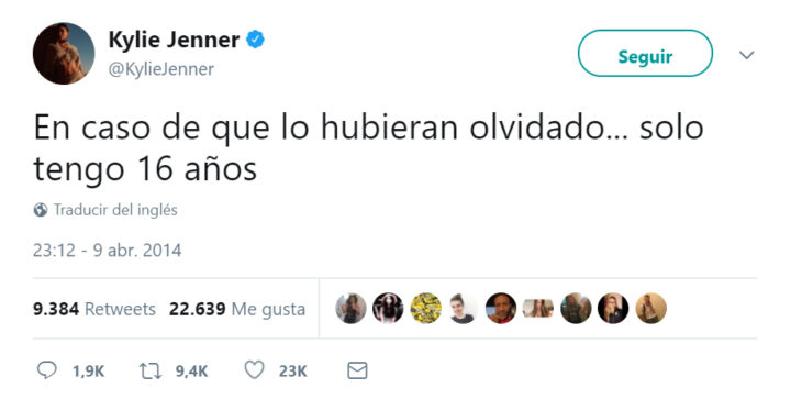 Comentario en twitter de Kylie Jenner sobre su edad 