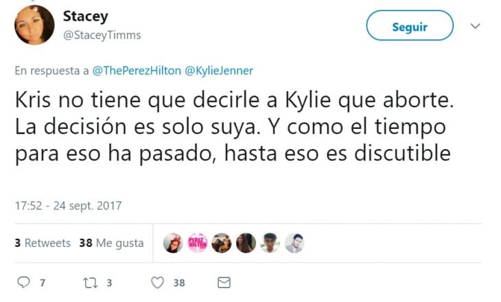 Comentario en twitter sobre el aborto de Kylie Jenner